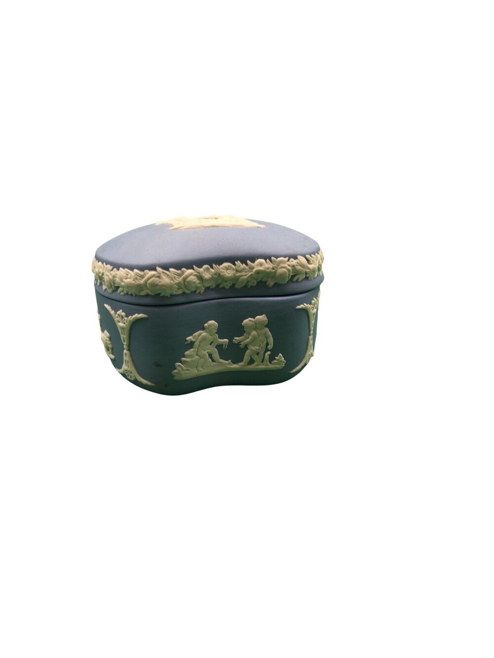 Wedgwood Blue Jasperware Kidney Trinket Box Classical Cherub Relief Lidded